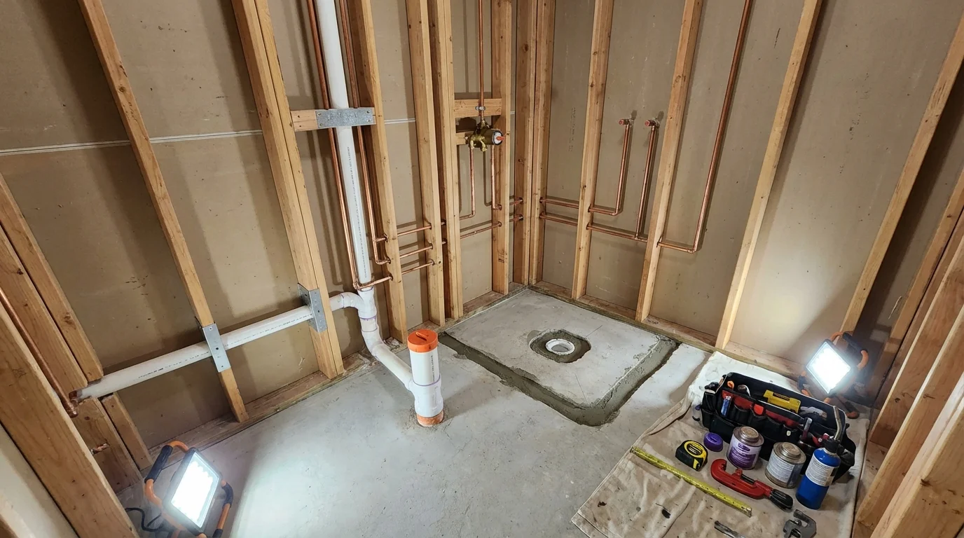 Bathroom rough-in plumbing during remodel by Johns Plumbing LLC in Kenova