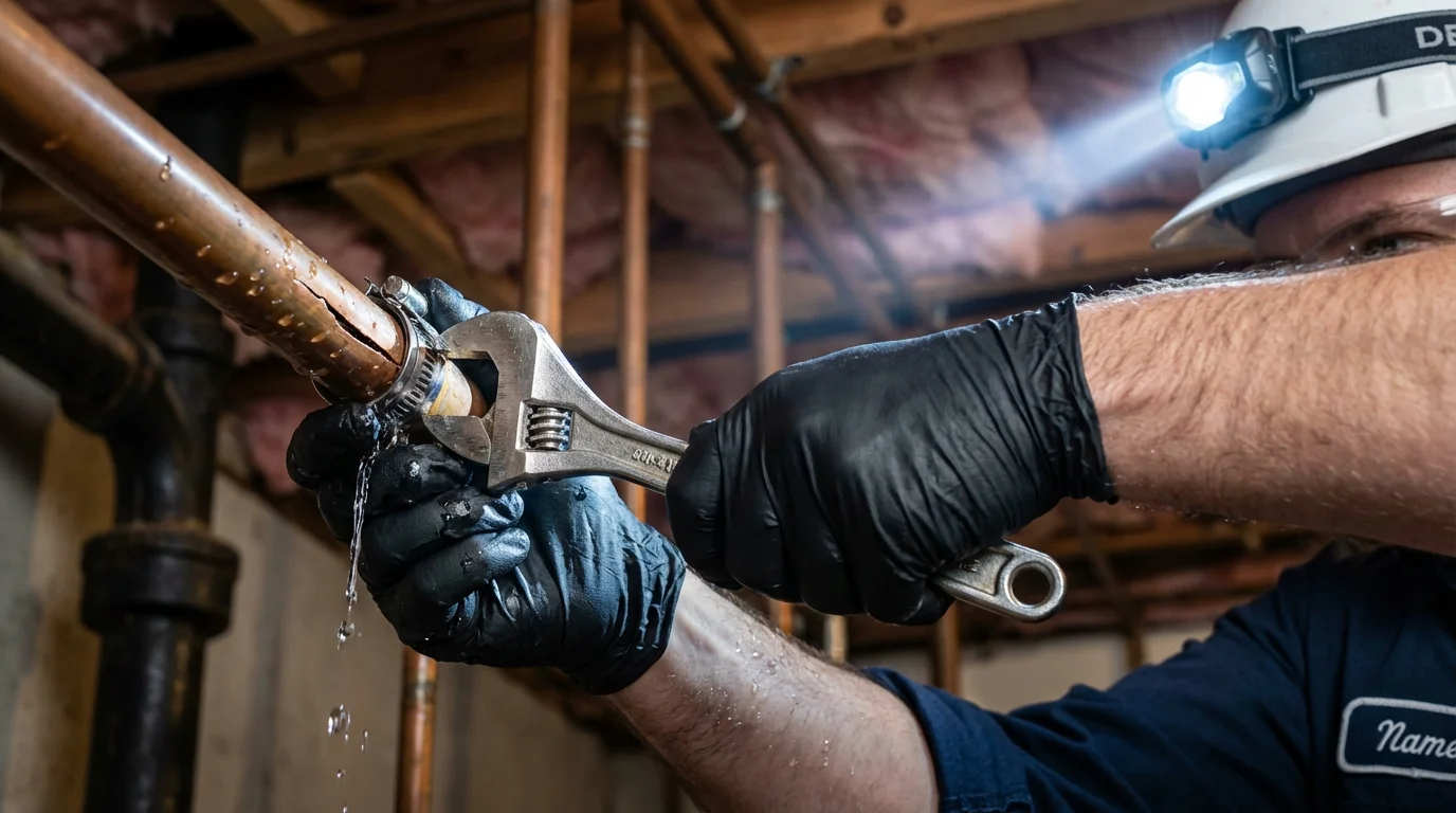 Emergency pipe clamp repair being performed by a Johns Plumbing LLC plumber in Kenova